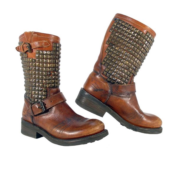 Ash Shoes - ASH Trash $368 Brass Stud Leather Biker/Moto Boots Women's 37/7